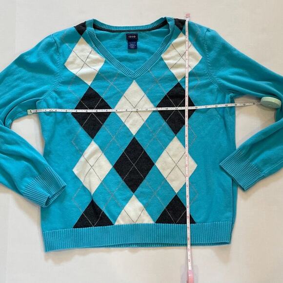 IZOD Cotton Argyle Long Sleeve V-Neck Sweater, Blue, Black, Ivory, Preppy XL - Picture 6 of 8